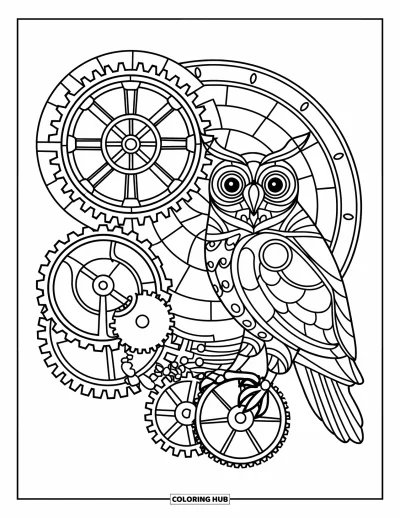 Stained Glass Coloring Page for Kids: Steampunk stained glass owl with gears, cogs, and vintage charm