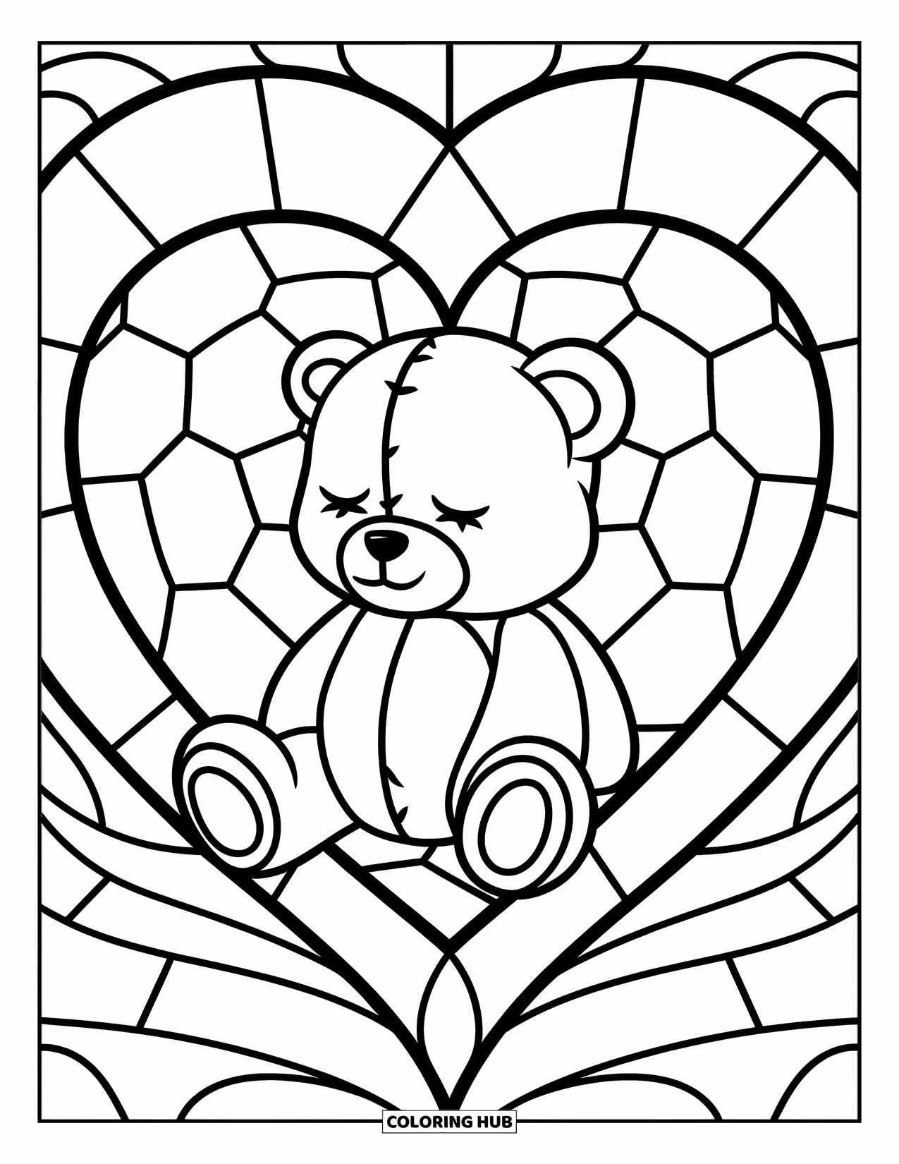 Desenho de Vitral para Colorir para Crianças: Ursinho de pelúcia fofo sentado dentro de uma moldura de coração de vitral