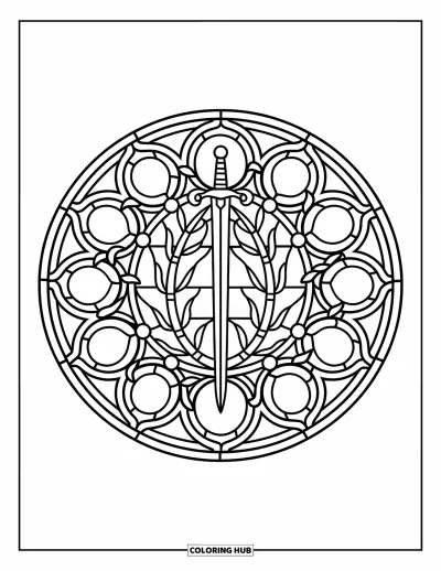 Stained Glass Coloring Page for Kids: Sword and vines inside a gothic stained glass rose window