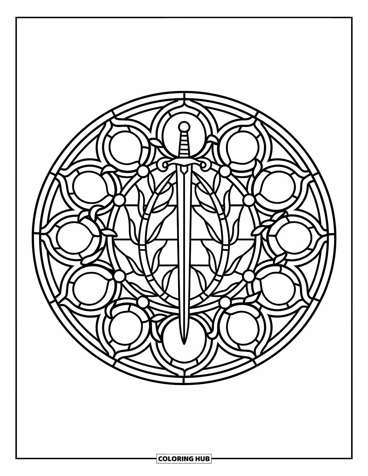 Desenho de Vitral para Colorir para Crianças: Espada e vinhas dentro de uma rosácea gótica de vitral