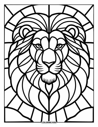 Stained Glass Coloring Page for Kids: Symmetrical stained glass lion design with clean, bold panels