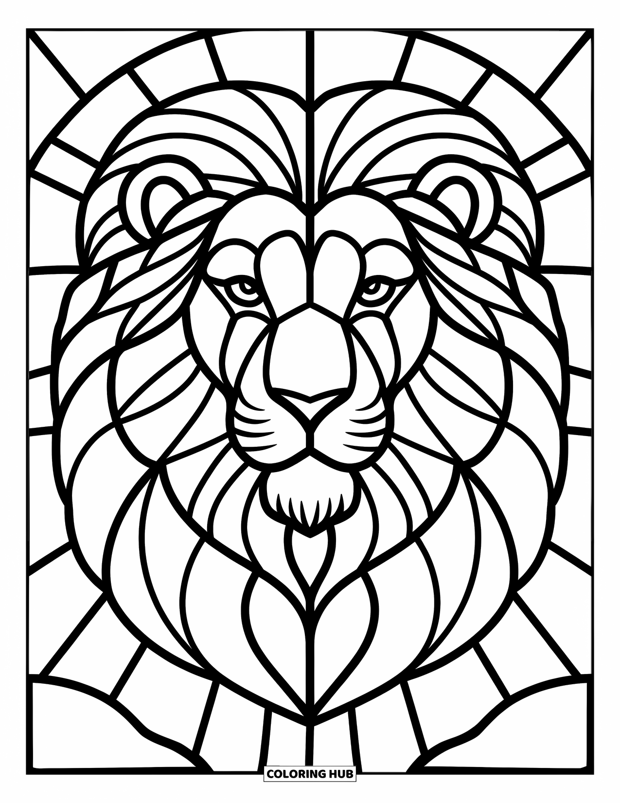 Desenho de Vitral para Colorir para Crianças: Design simétrico de leão de vitral com painéis limpos e ousados
