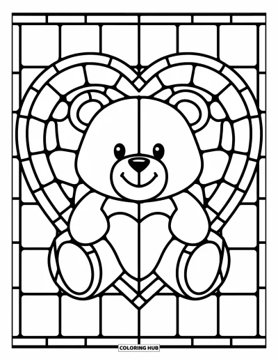 Stained Glass Coloring Page for Kids: Teddy bear in a stained glass heart frame with a soft smile