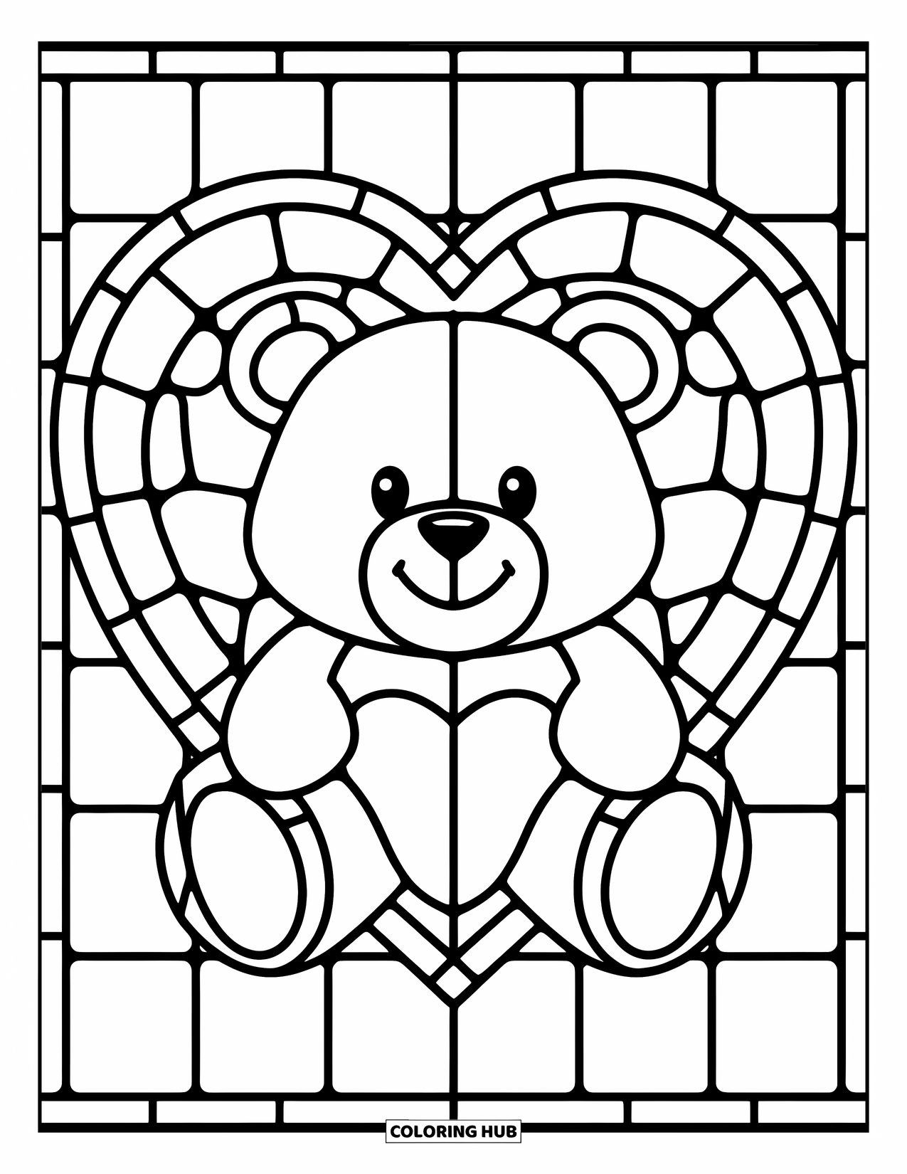 Desenho de Vitral para Colorir para Crianças: Ursinho de pelúcia em uma moldura de coração de vitral com um sorriso suave