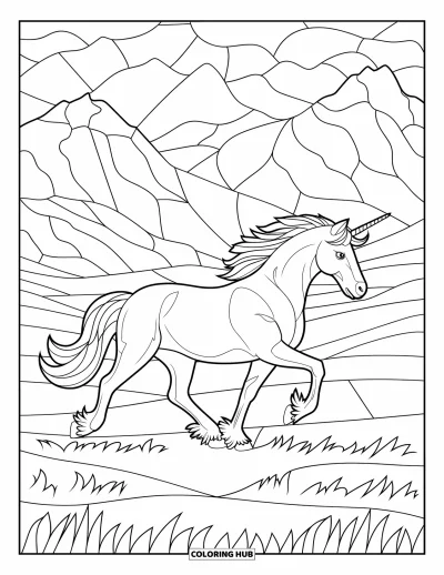 Stained Glass Coloring Page for Kids: Trotting stained glass unicorn across fields and mountain view