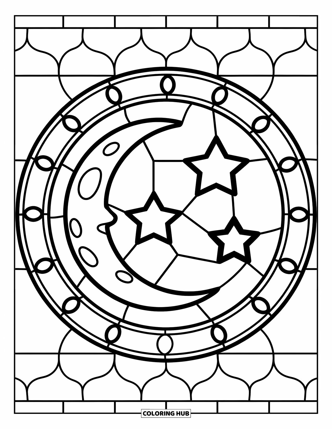 Desenho de Vitral para Colorir para Crianças: Lua e estrelas cintilantes de vitral em uma moldura fácil de colorir