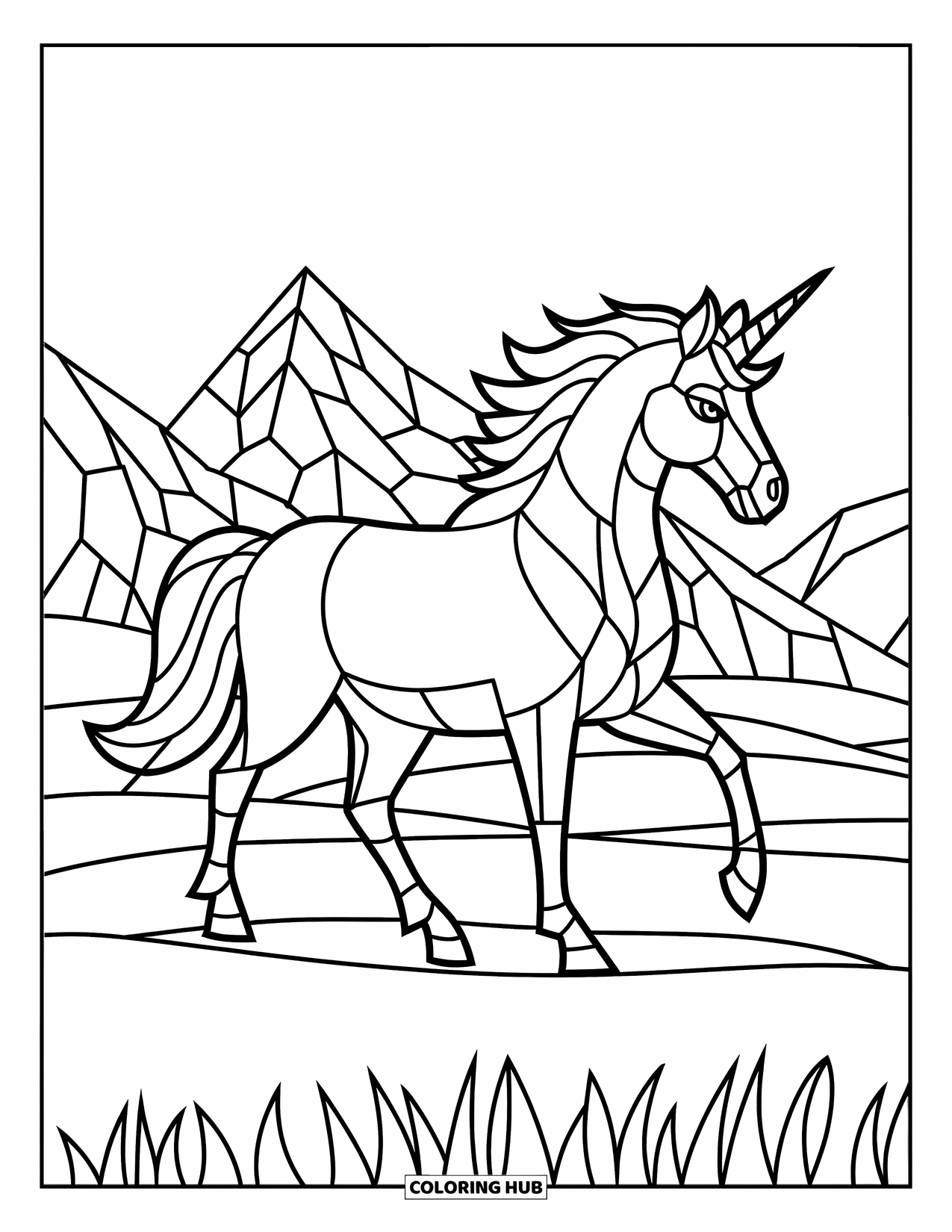 Desenho de Vitral para Colorir para Crianças: Unicórnio com aura de arco-íris em uma paisagem montanhosa de vitral
