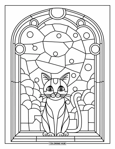 Stained Glass Coloring Page for Kids: Wide-eyed stained glass cat by a moonlit patterned window