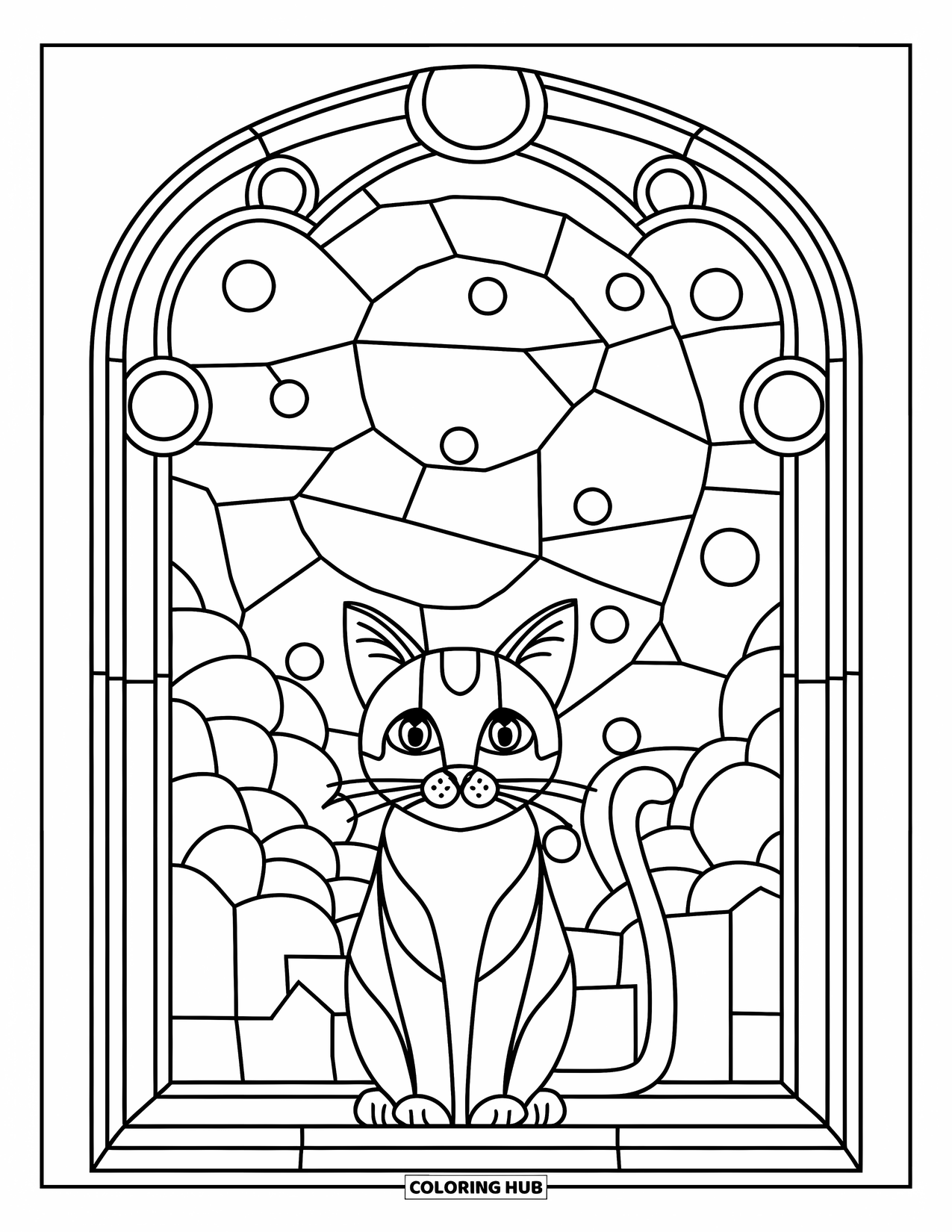 Desenho de Vitral para Colorir para Crianças: Gato de vitral de olhos arregalados perto de uma janela estampada à luz da lua