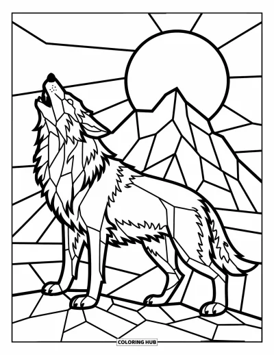 Stained Glass Coloring Page for Kids: Wolf howling under a stained glass moon on rocky terrain