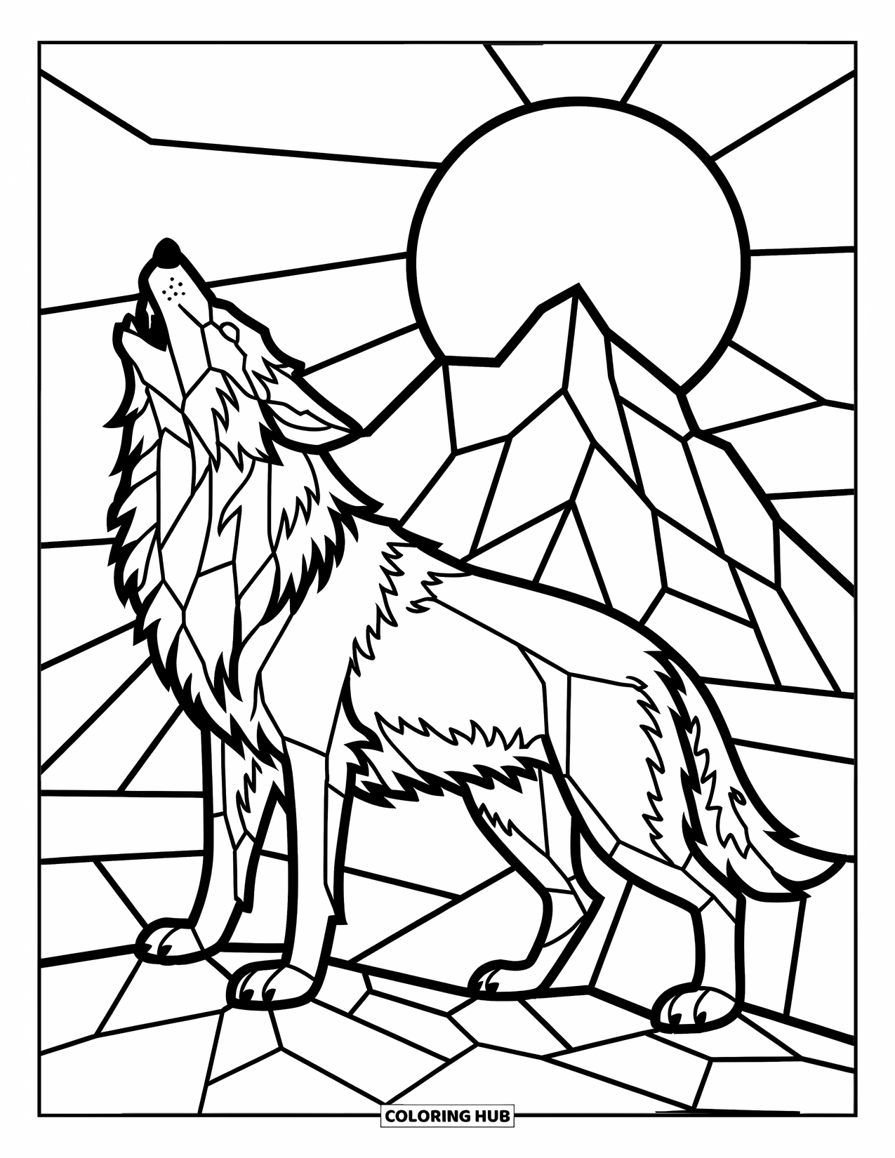 Desenho de Vitral para Colorir para Crianças: Lobo uivando sob uma lua de vitral em terreno rochoso
