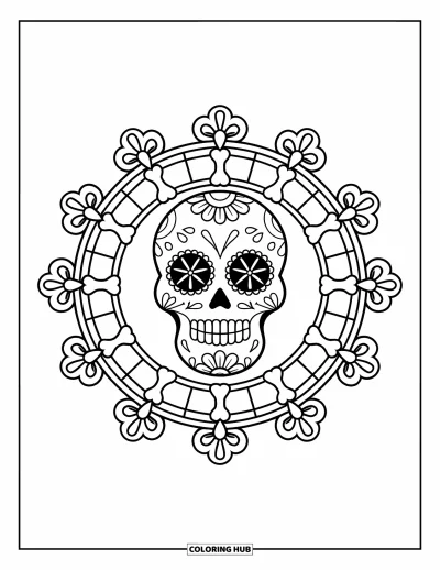 Fargeleggingsark med sukkerhodeskaller for voksne: En munter hodeskalle hviler inne i en mandala av symmetriske knokler og blomsterdesign
