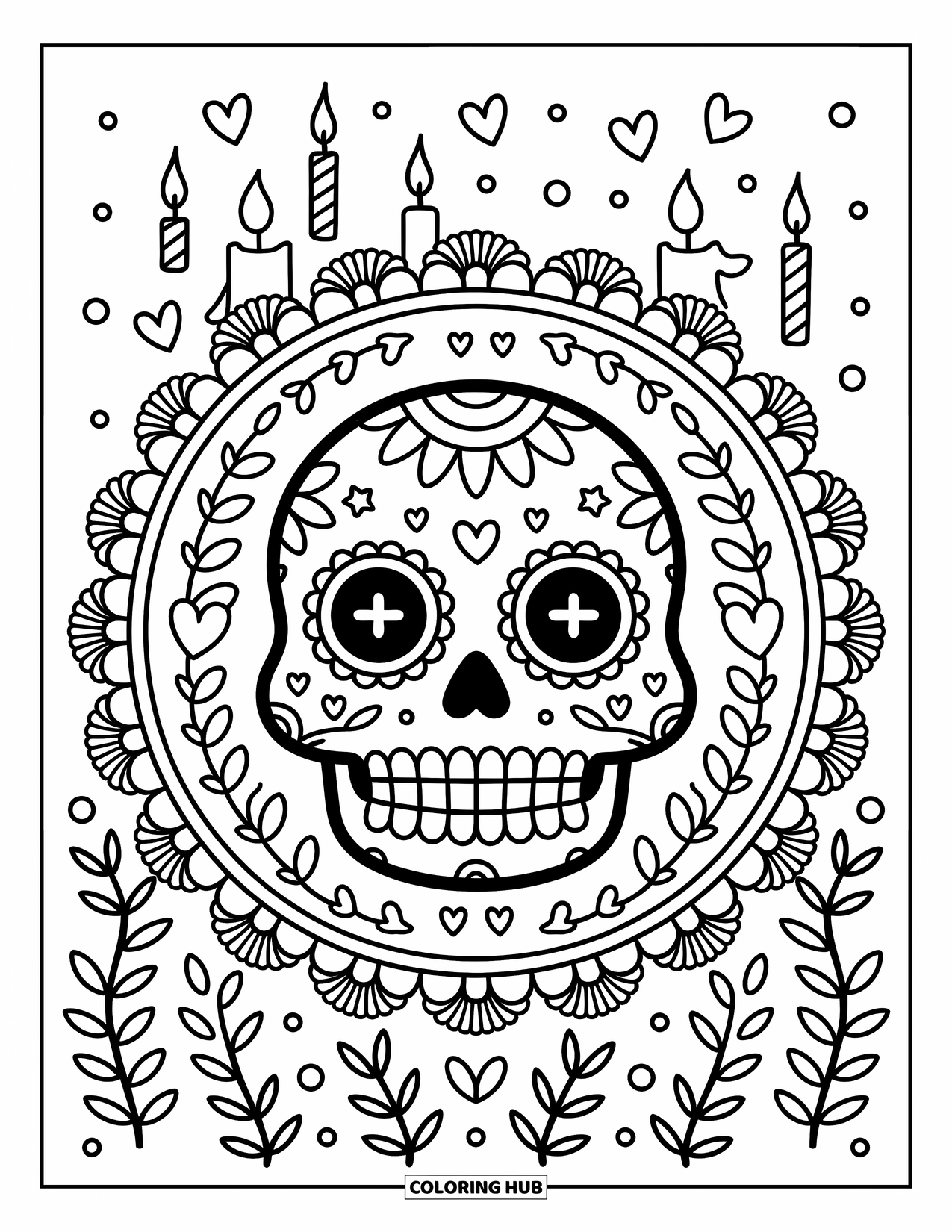 Disegno da colorare di un teschio di zucchero per adulti: Un teschio di zucchero incorniciato da fiori sorride tra petali, cuori, viti e morbidi coriandoli