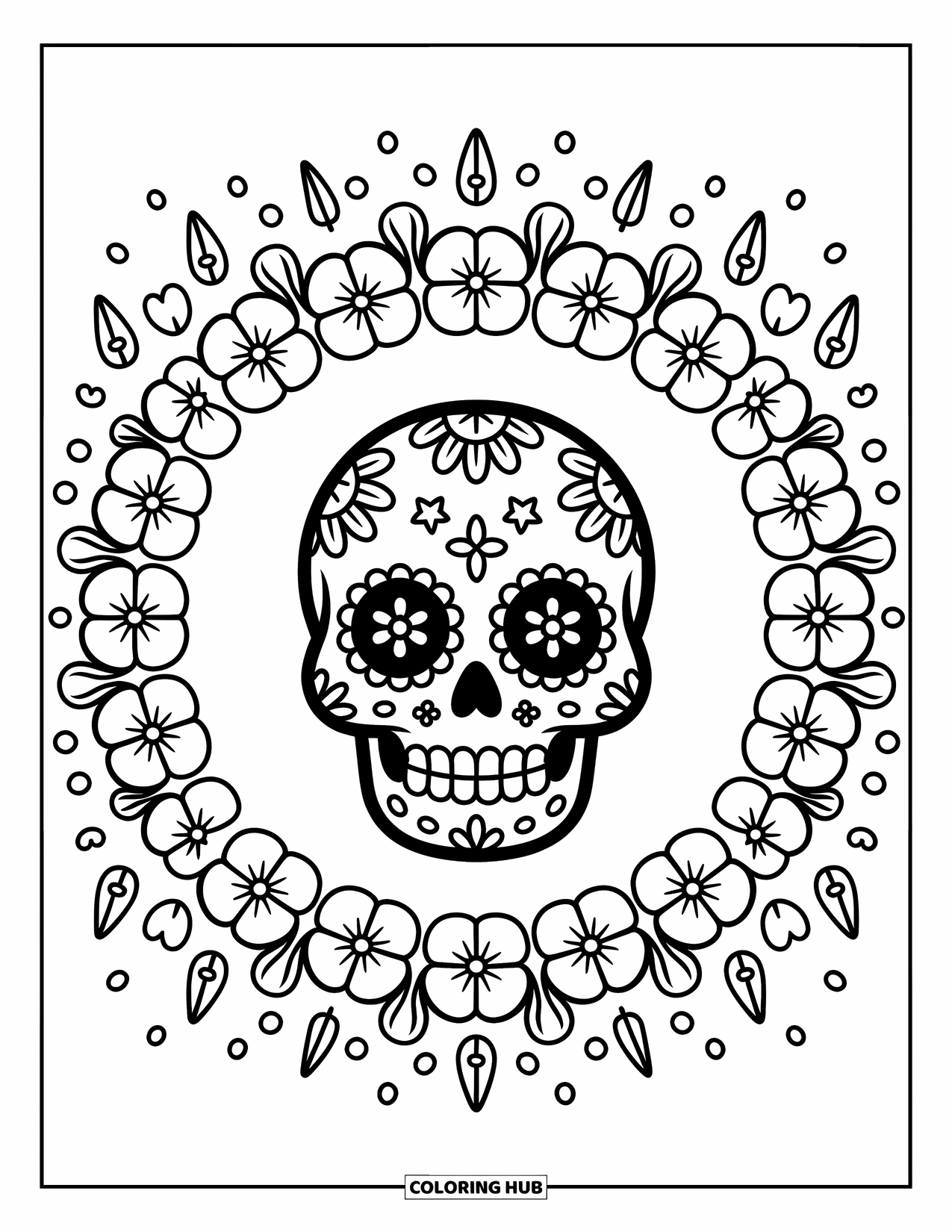 Disegno da colorare di un teschio di zucchero per adulti: Un teschio felice con dettagli floreali è incorniciato da calendule, cuori e morbide viti
