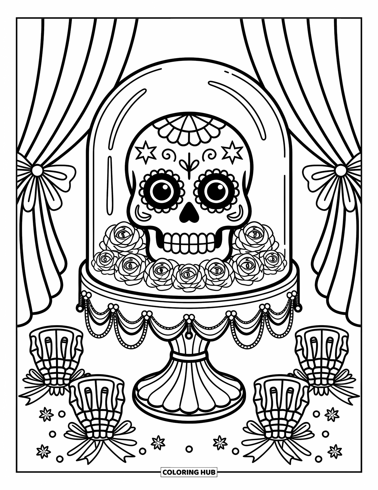 Disegno da colorare di un teschio di zucchero per adulti: Un teschio kawaii siede sotto una cupola di vetro con rose, candele e tende morbide
