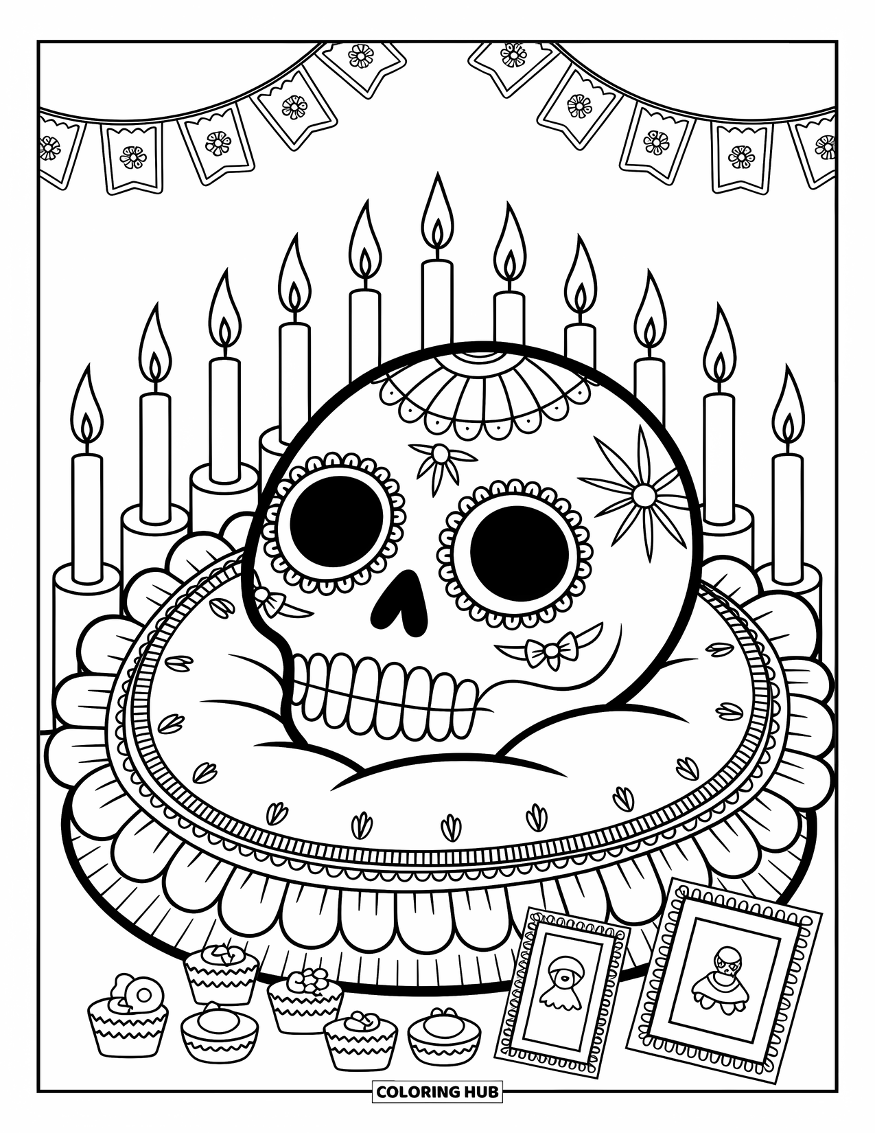 Disegno da colorare di un teschio di zucchero per adulti: Un grande teschio di zucchero giace su un cuscino di peluche circondato da candele e papel picado