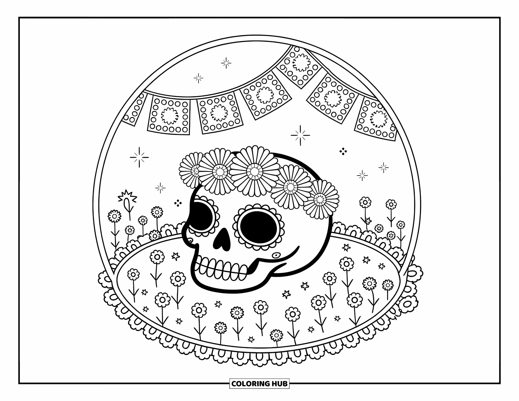 Disegno da colorare di un teschio di zucchero per adulti: Un teschio di zucchero pacifico riposa in un giardino di calendule con stelle, viti e striscioni