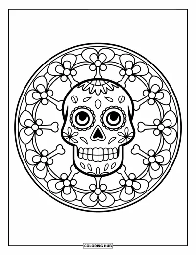 Fargeleggingsark med sukkerhodeskaller for voksne: En smilende hodeskalle er omgitt av gjentakende knokler og blomster i en rund mandala