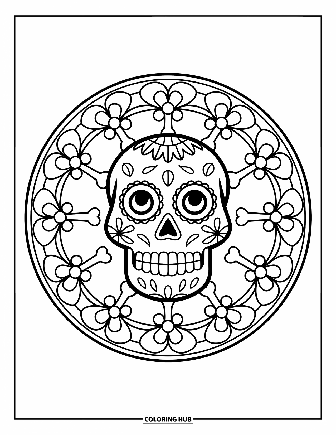 Disegno da colorare di un teschio di zucchero per adulti: Un teschio sorridente è circondato da ossa e fiori ripetuti in un mandala rotondo