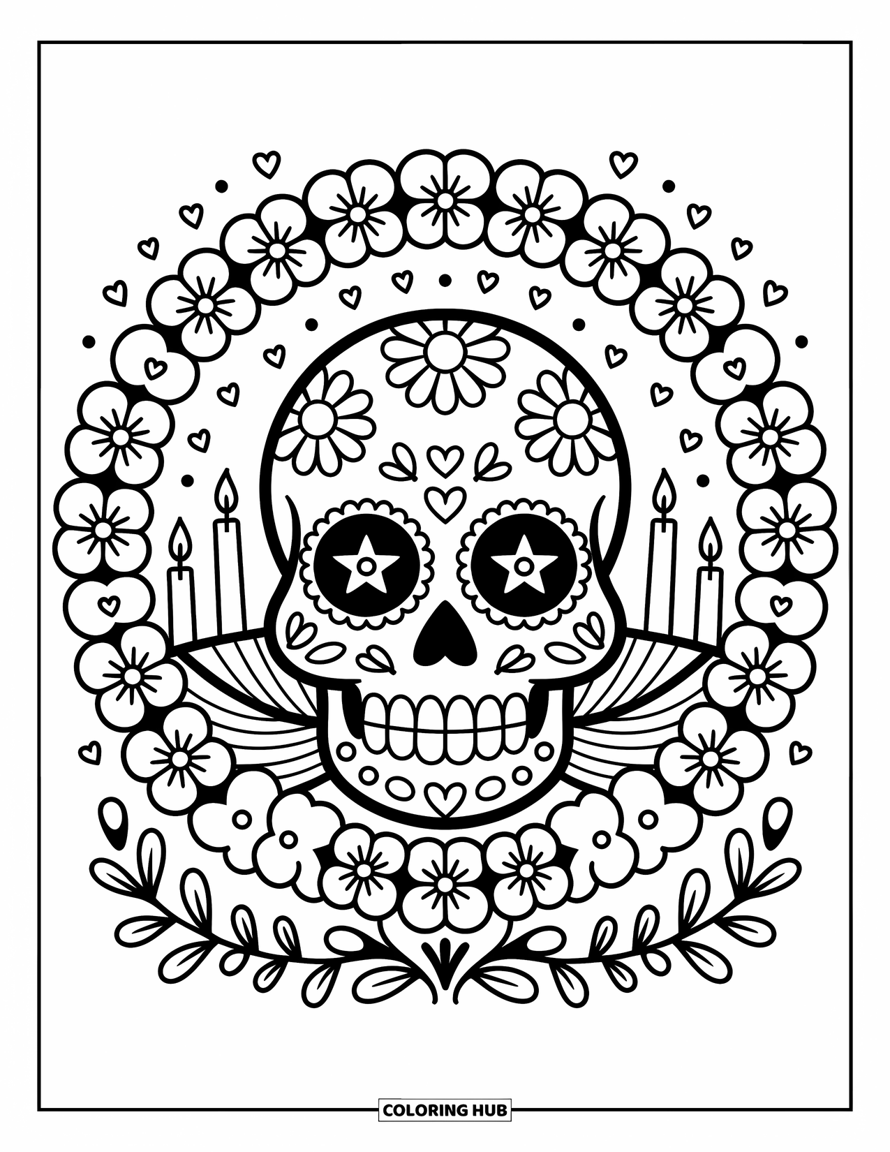 Disegno da colorare di un teschio di zucchero per adulti: Un teschio di zucchero sorridente siede in una cornice di fiori con stelle e minuscole candele fluttuanti