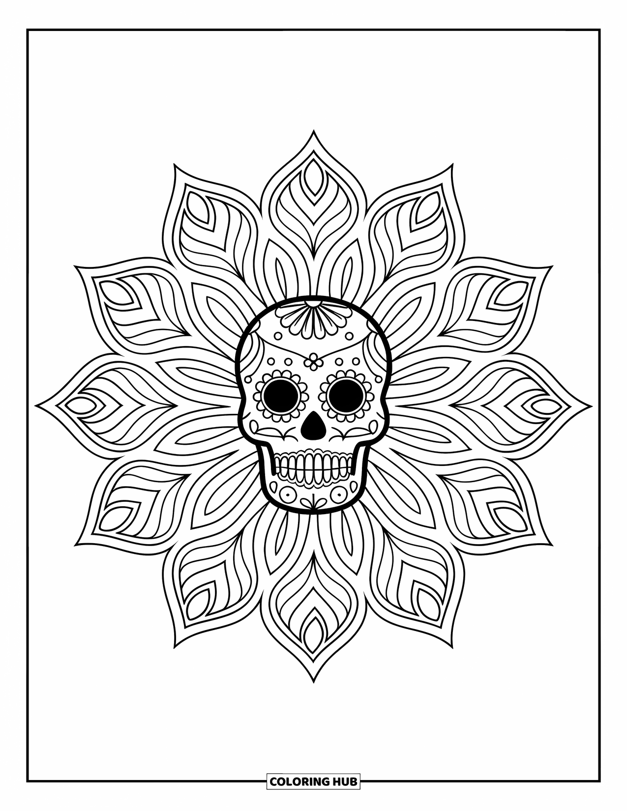 Disegno da colorare di un teschio di zucchero per adulti: Un teschio di zucchero giace al centro di una stella a forma di fiore con contorni audaci