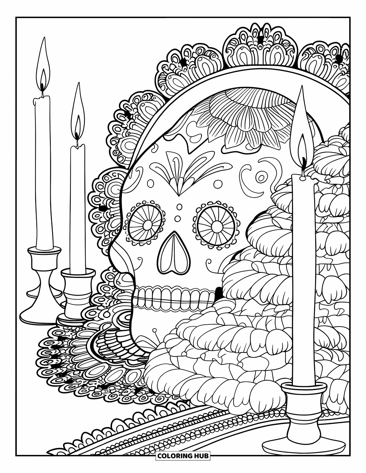 Disegno da colorare di un teschio di zucchero per adulti: Un teschio di zucchero siede tra calendule, elaborate filigrane e alte candele luminose