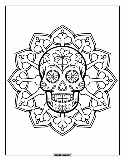 Fargeleggingsark med sukkerhodeskaller for voksne: En sukkerhodeskalle sitter inne i en mandala av knokler og blomster med en dristig kant