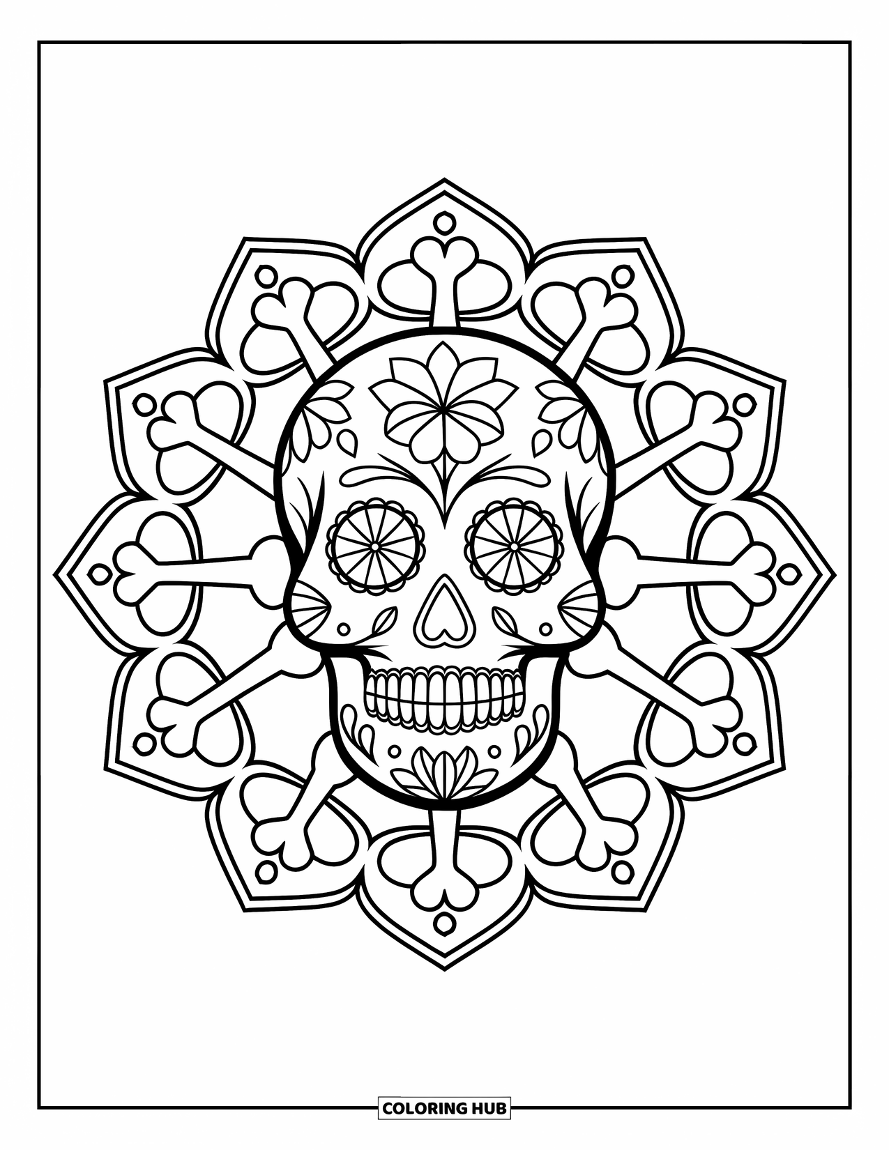Disegno da colorare di un teschio di zucchero per adulti: Un teschio di zucchero siede all'interno di un mandala di ossa e fiori con un bordo audace