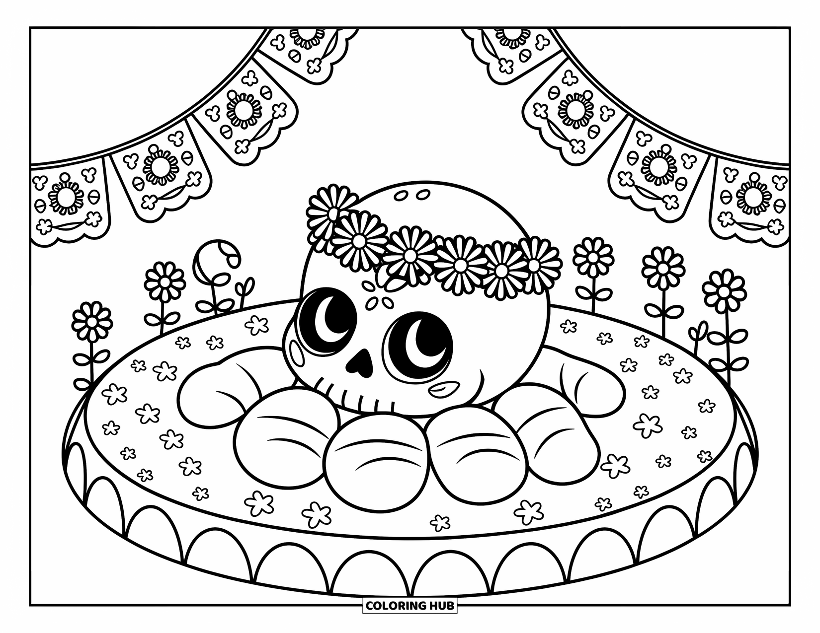 Disegno da colorare di un teschio di zucchero per adulti: Un teschio di zucchero con una corona giace in un giardino di petali sotto il papel picado ondeggiante