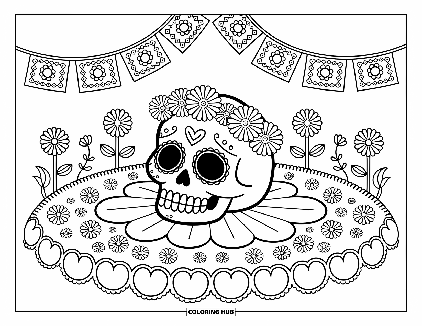 Disegno da colorare di un teschio di zucchero per adulti: Un teschio di zucchero con una corona di fiori riposa in un giardino festoso sotto il papel picado