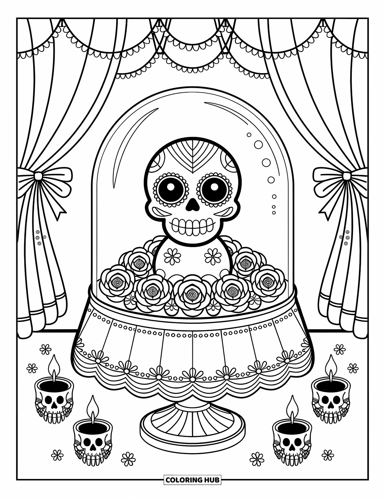 Desenho de caveira de açúcar para colorir para adultos: Uma caveira de açúcar com olhos grandes repousa dentro de uma caixa de vidro em um suporte de veludo