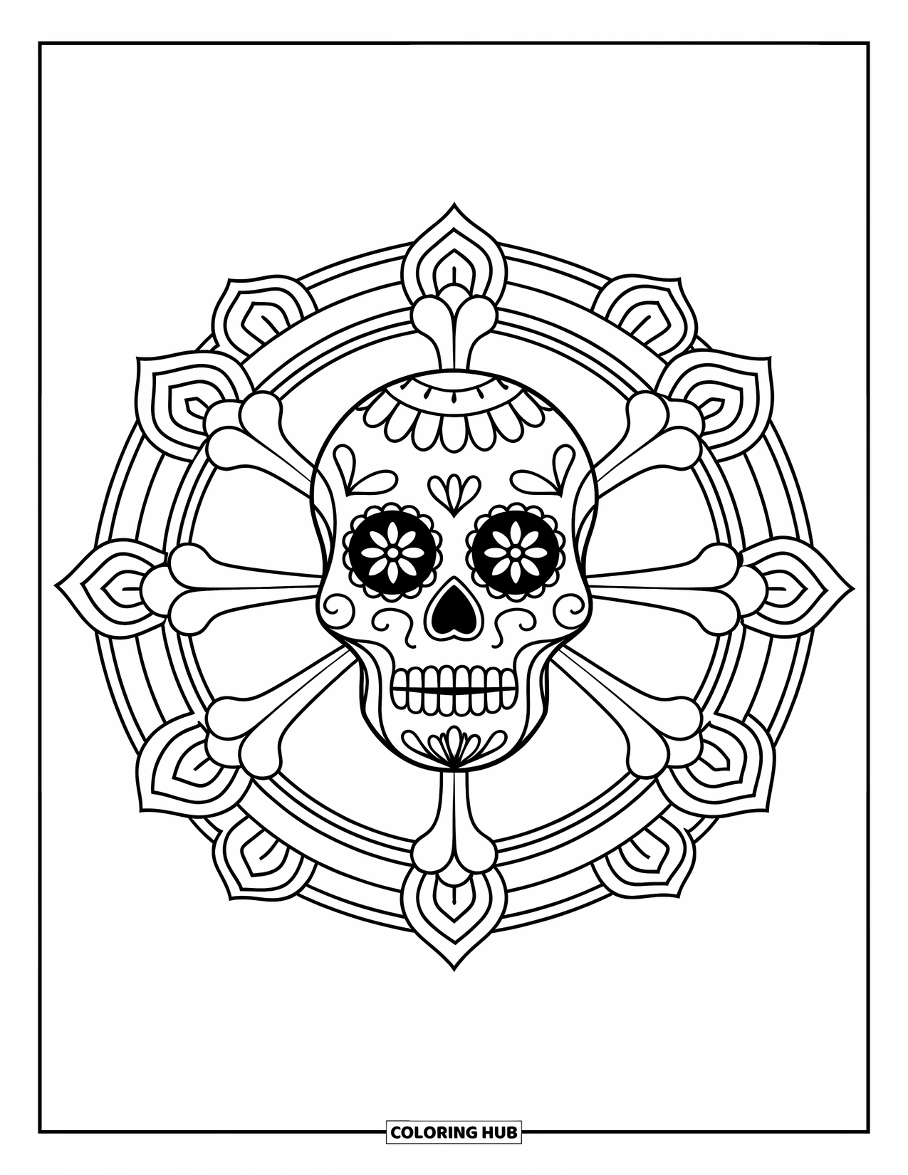 Disegno da colorare di un teschio di zucchero per adulti: Un teschio di zucchero con occhi circolari sorride all'interno di un mandala di ossa e fiori
