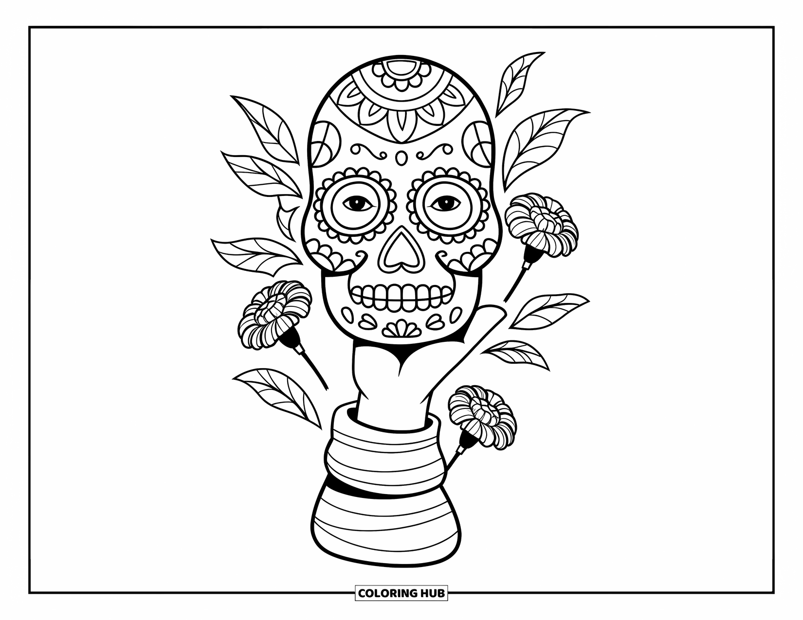 Disegno da colorare di un teschio di zucchero per bambini: Una mano accogliente a righe tiene una maschera da teschio di zucchero con fiori intorno