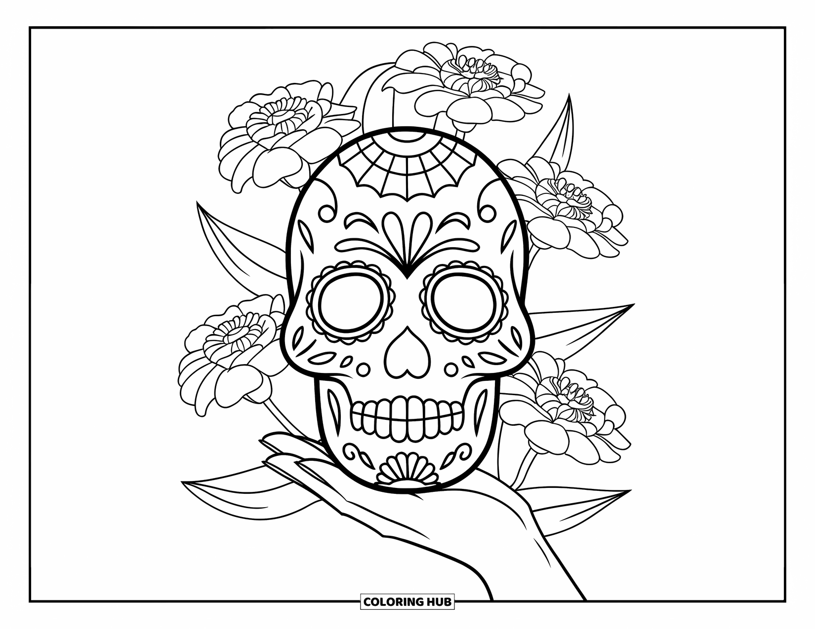 Disegno da colorare di un teschio di zucchero per bambini: Una mano tiene una maschera da teschio di zucchero, circondata da fiori e motivi fogliacei