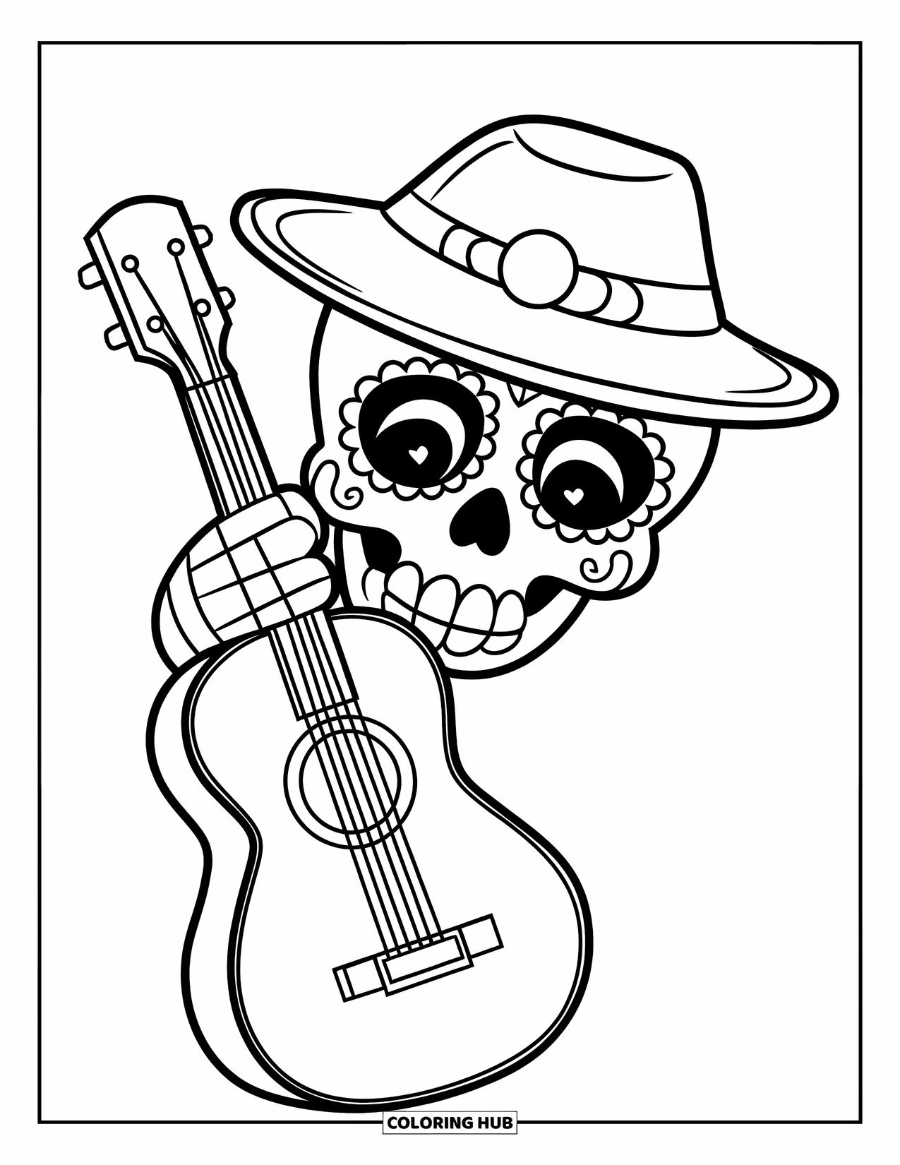 Disegno da colorare di un teschio di zucchero per bambini: Un teschio con un cappello tiene delicatamente una chitarra al suo fianco