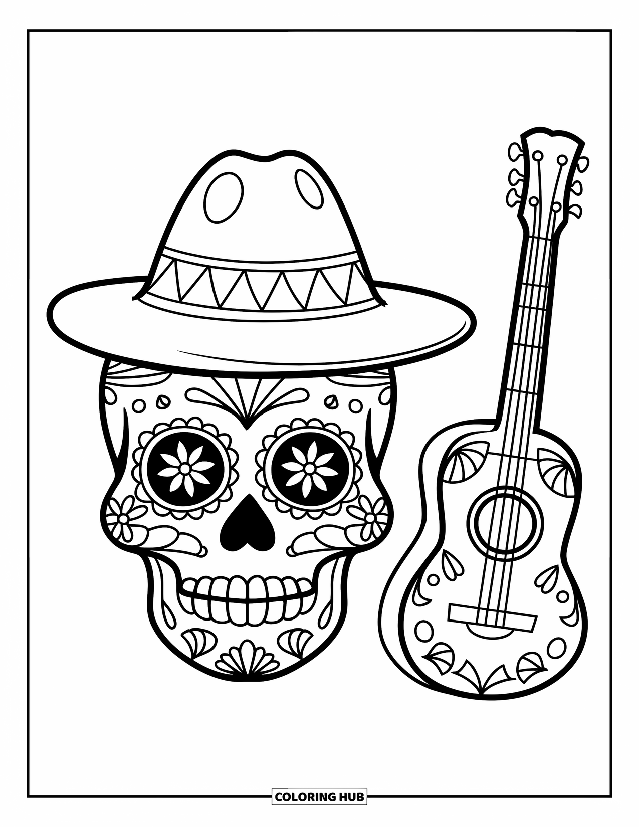 Disegno da colorare di un teschio di zucchero per bambini: Un teschio sorridente con un cappello si appoggia vicino a una chitarra di lato