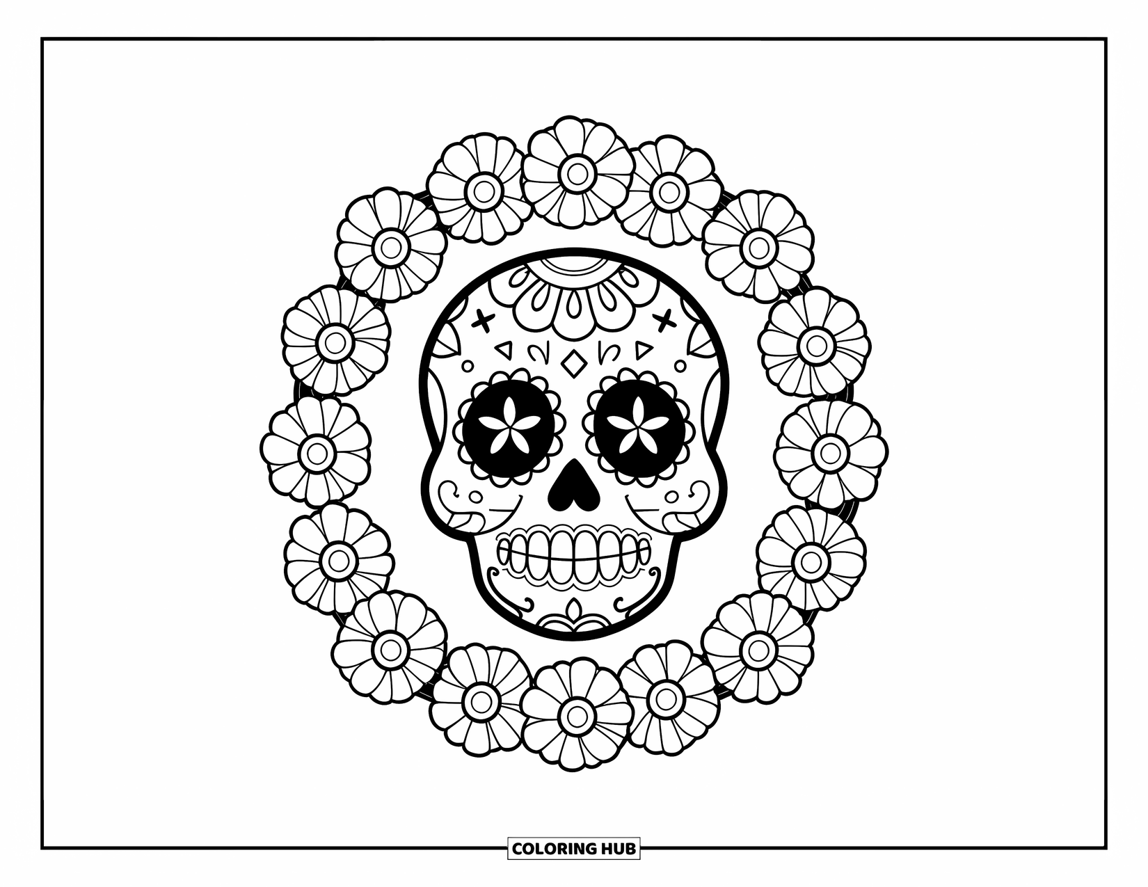 Disegno da colorare di un teschio di zucchero per bambini: Un teschio di zucchero sorridente riposa in una ghirlanda a forma di calendula e croce