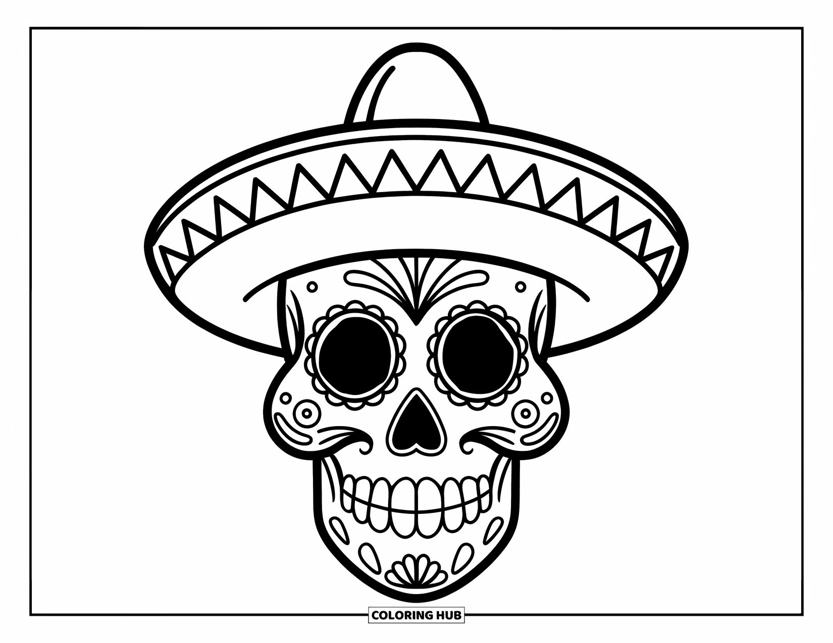 Disegno da colorare di un teschio di zucchero per bambini: Un teschio di zucchero sorridente indossa un sombrero e semplici decorazioni a pois