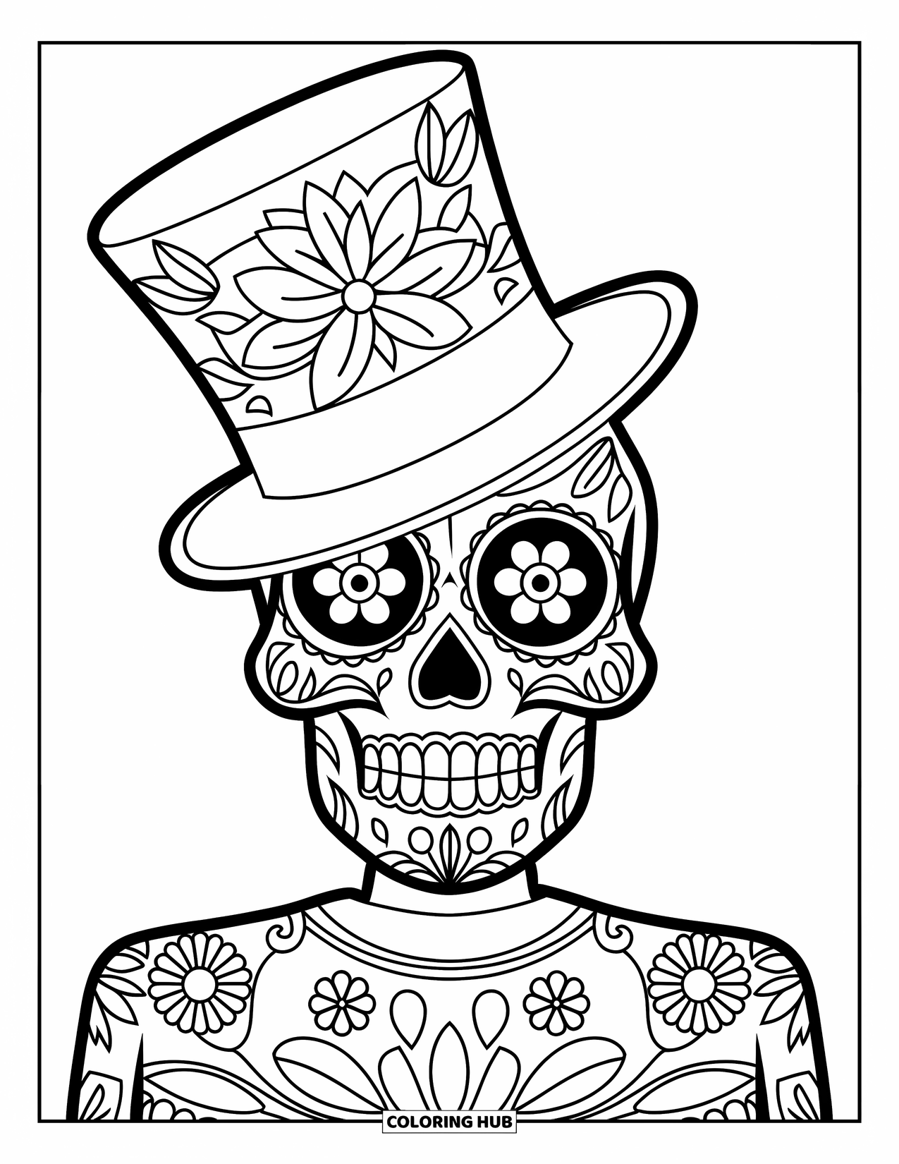 Disegno da colorare di un teschio di zucchero per bambini: Un teschio di zucchero sorridente indossa un cappello a cilindro inclinato con decorazioni floreali
