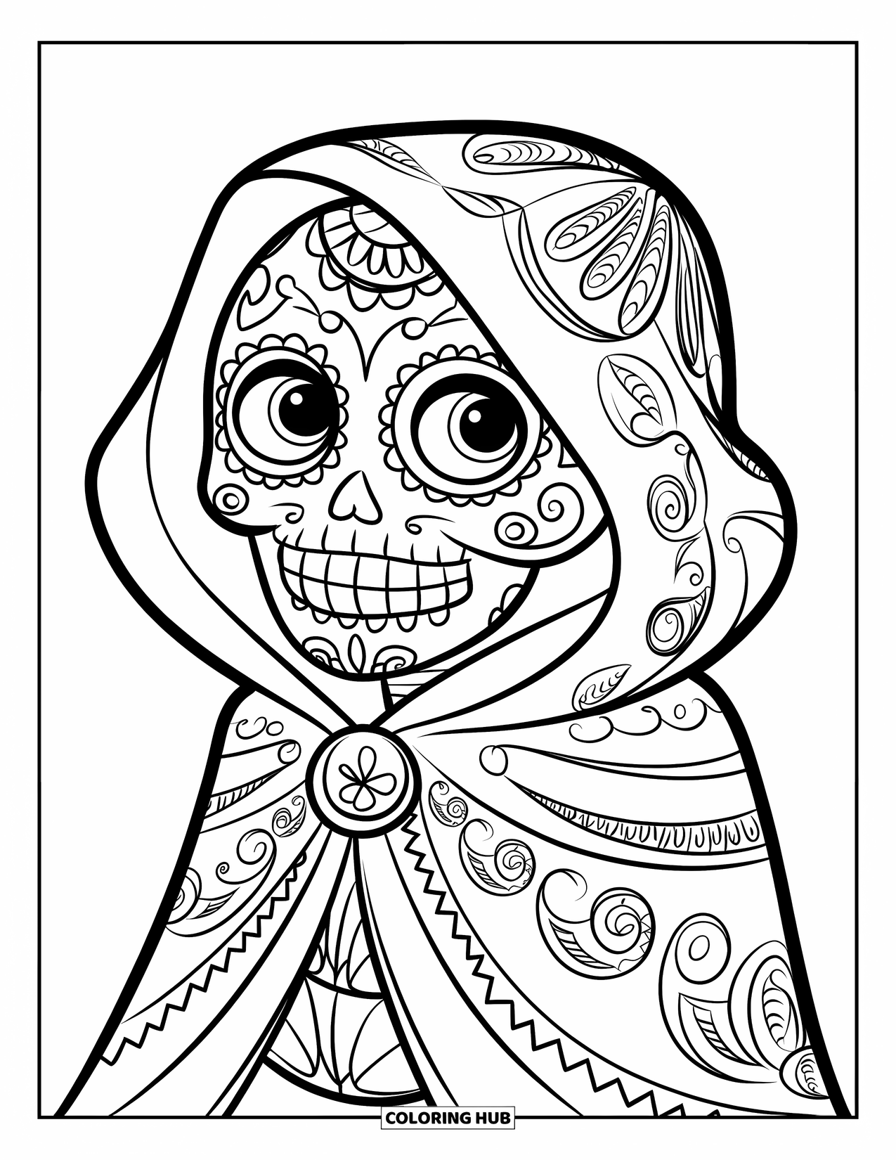 Disegno da colorare di un teschio di zucchero per bambini: Un personaggio teschio di zucchero sorride sotto un mantello dettagliato con disegni a spirale