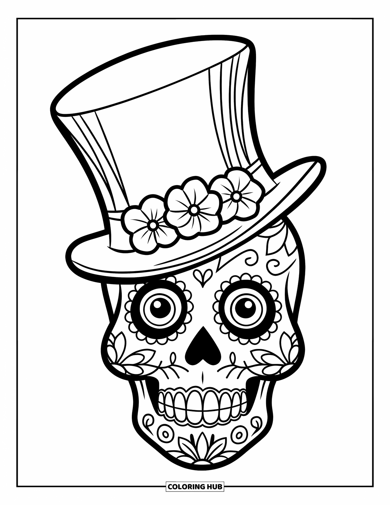 Disegno da colorare di un teschio di zucchero per bambini: Un teschio di zucchero con un cappello a cilindro fiorito sorride allegramente in una scena accogliente