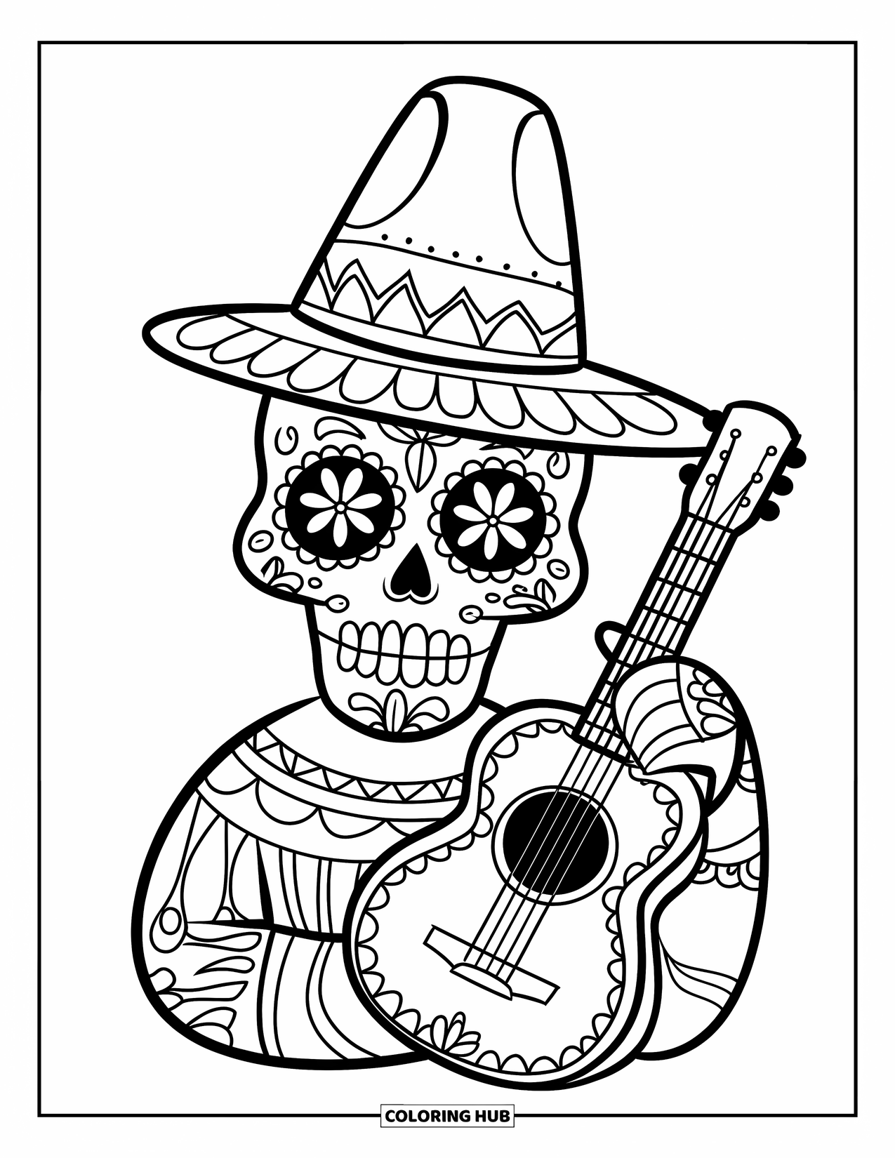 Disegno da colorare di un teschio di zucchero per bambini: Un teschio di zucchero con un cappello tiene una chitarra vicino al viso