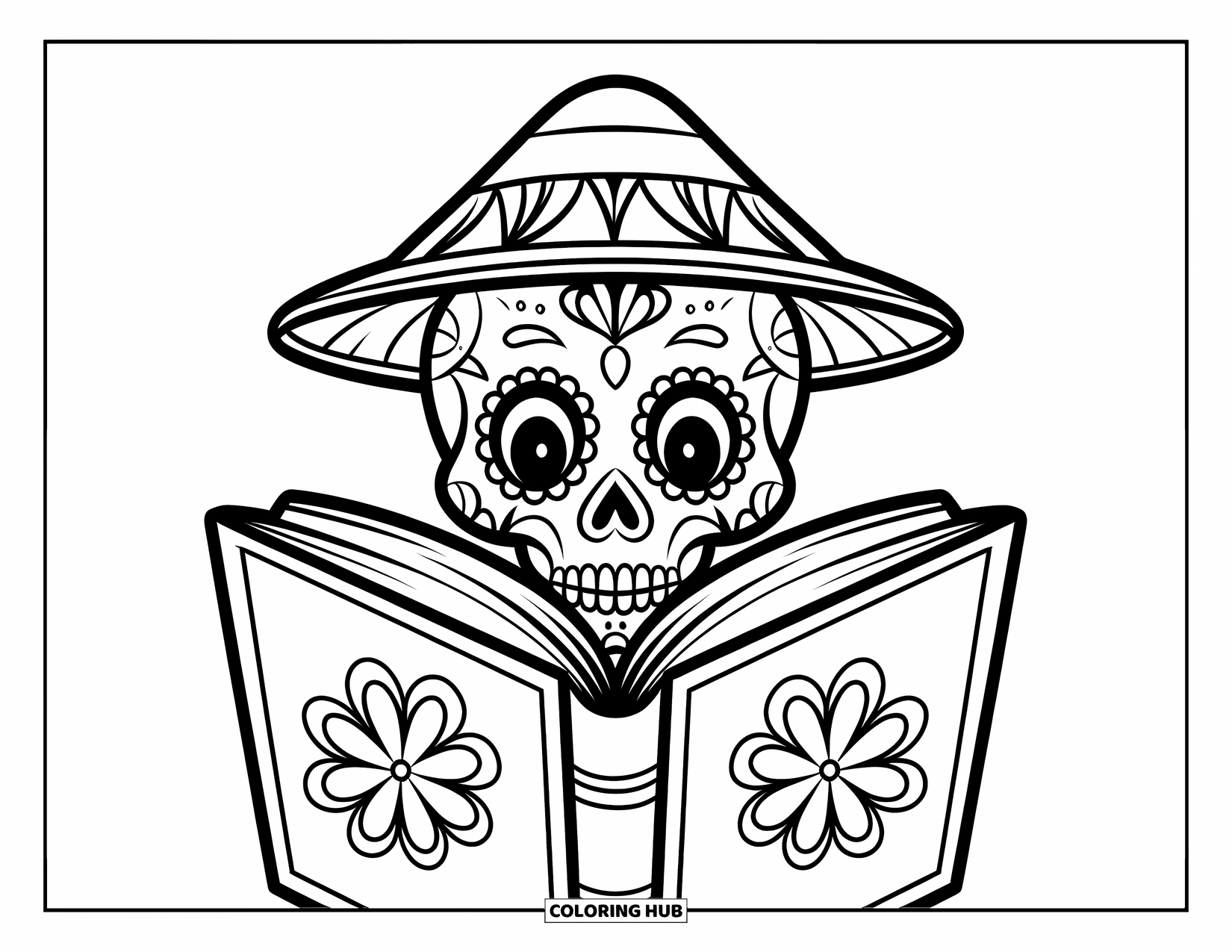 Disegno da colorare di un teschio di zucchero per bambini: Un teschio di zucchero che indossa un cappello legge un libro a motivi floreali