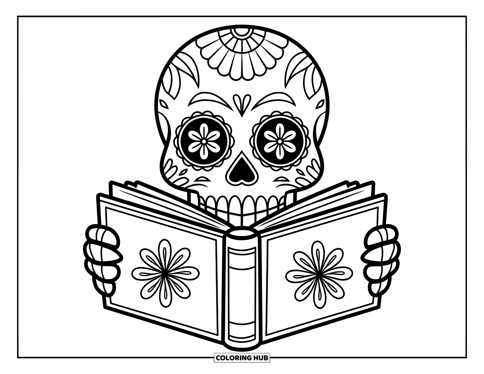 Disegno da colorare di un teschio di zucchero per bambini: Un teschio di zucchero con adorabili motivi sul viso legge un libro floreale