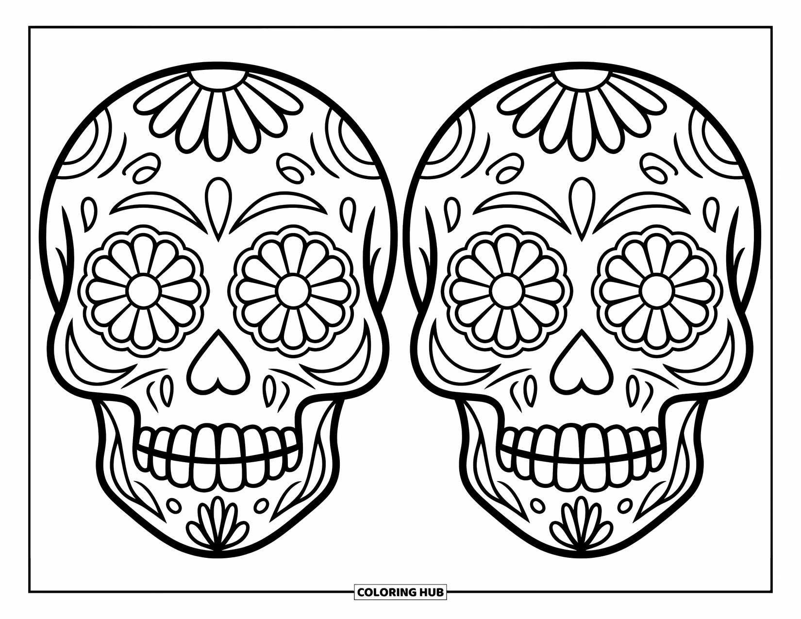 Disegno da colorare di un teschio di zucchero per bambini: Due teschi di zucchero con occhi a fiore siedono uno accanto all'altro in un design divertente