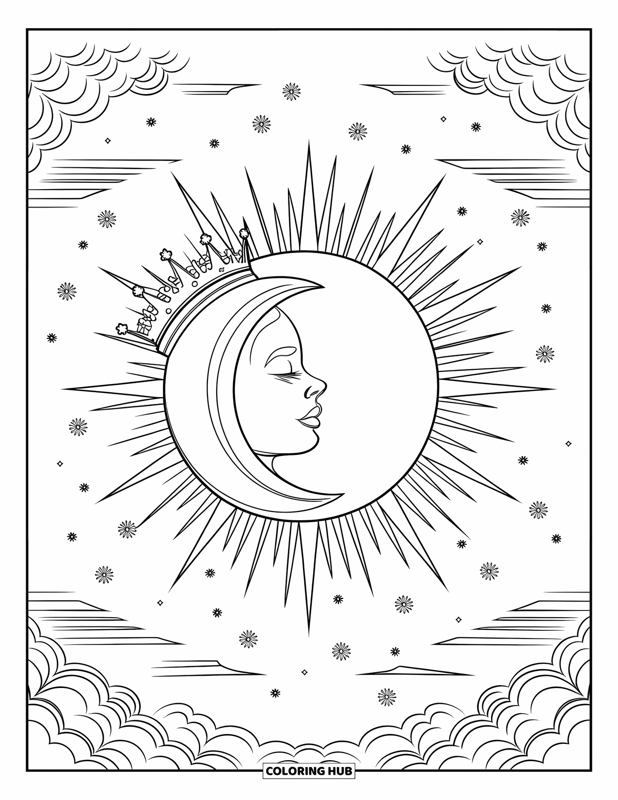 Sun And Moon Coloring Page for Adults: A crowned moon shares a kiss with the sun amid florals and radiant rays