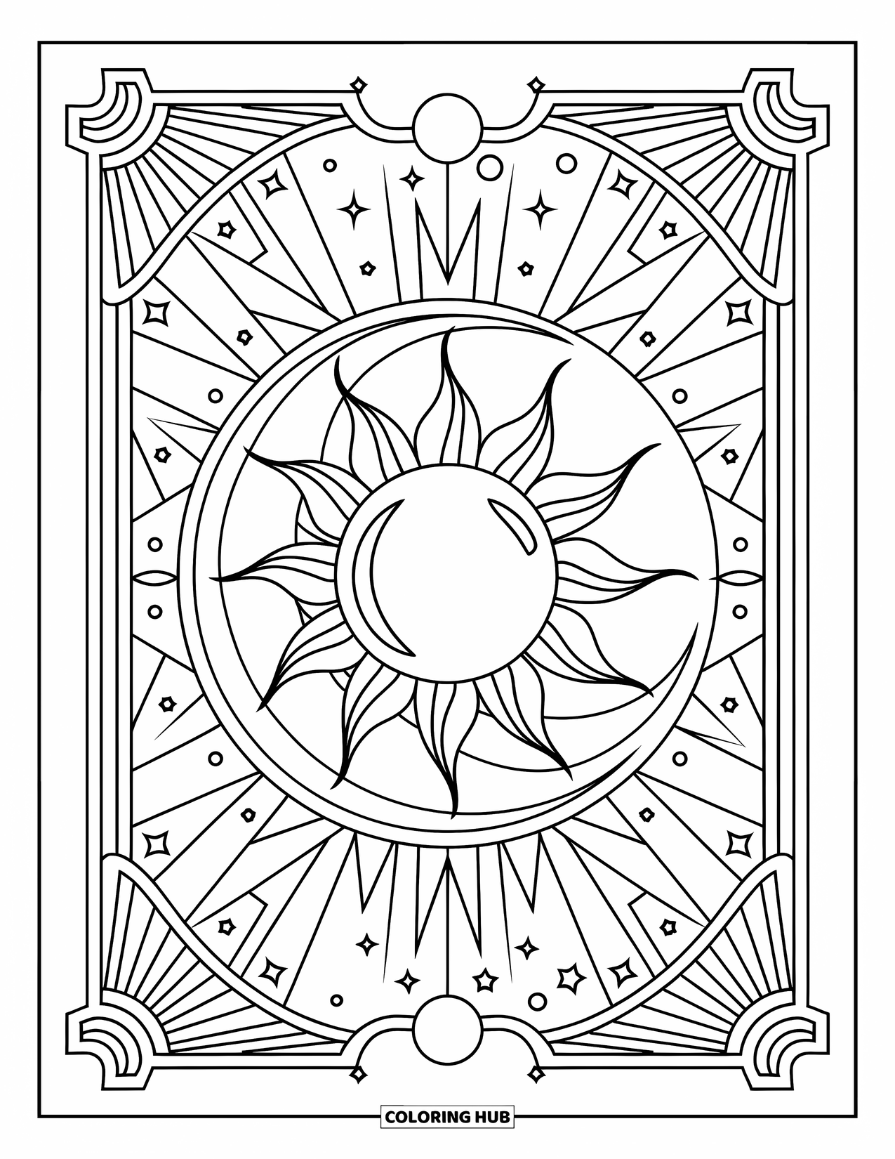Sun And Moon Coloring Page for Adults: A leafy-rayed sun and crescent moon rest in an art deco starry sky