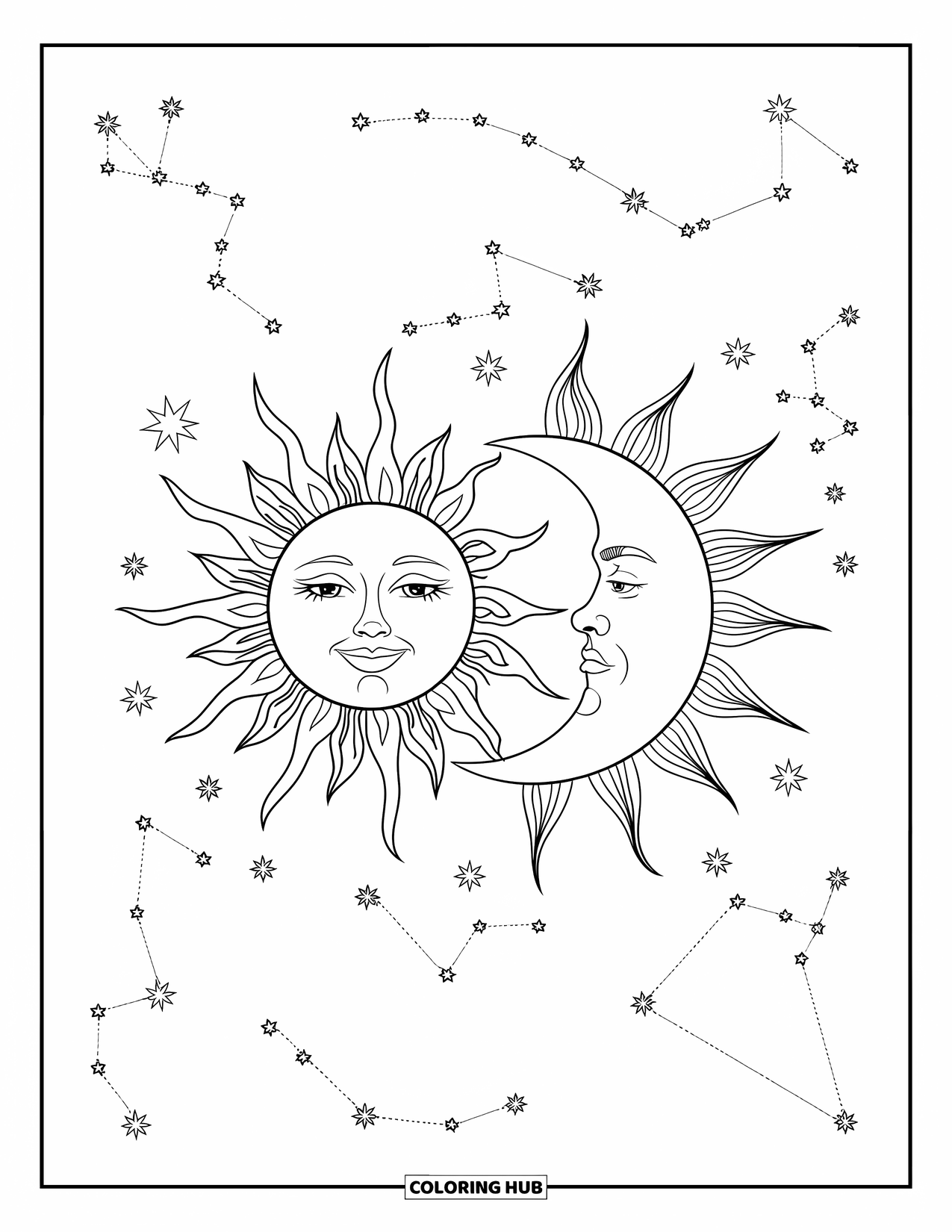 Sun And Moon Coloring Page for Adults: A smiling sun and frowning moon face each other with swirling rays and constellations