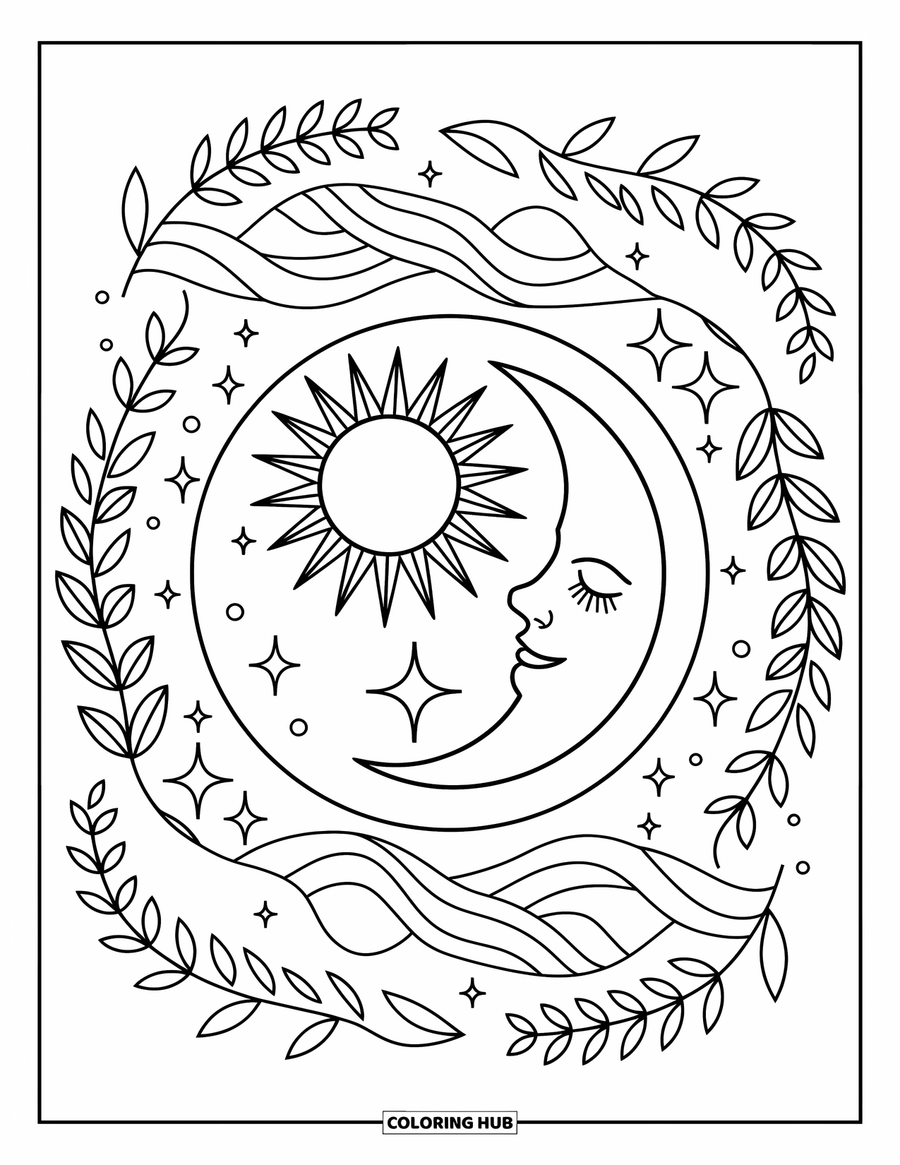 Sun And Moon Coloring Page for Adults: A yin-yang sun and moon are nestled among soft leaves, stars, and vines