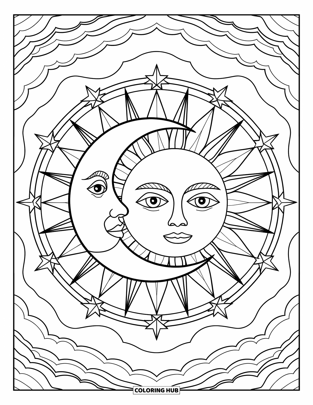 Sun And Moon Coloring Page for Adults: Expressive sun and moon faces overlap in a swirl of stars and soft spirals
